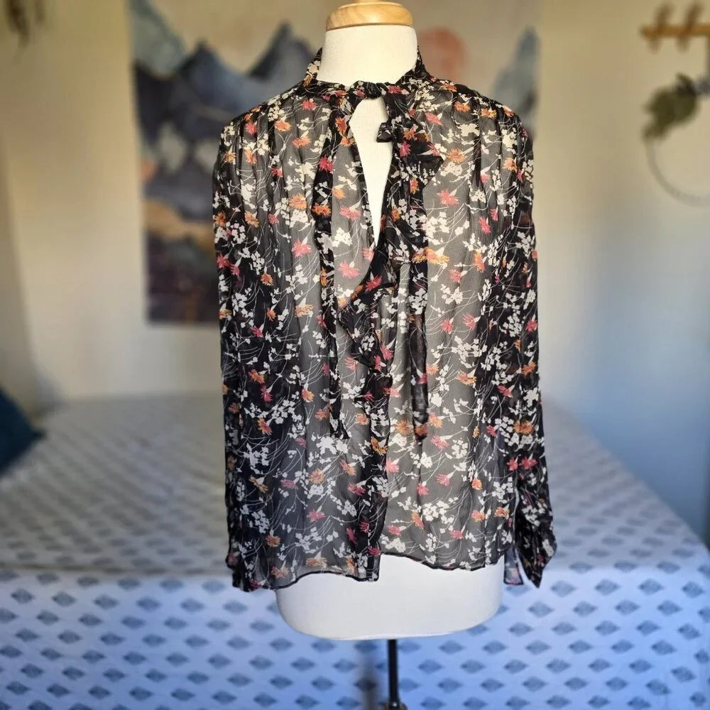 Joie Black Pink Silk Sheer Floral Ruffle Tie Neck Blouse Size M Boho Romantic - Picture 3 of 14
